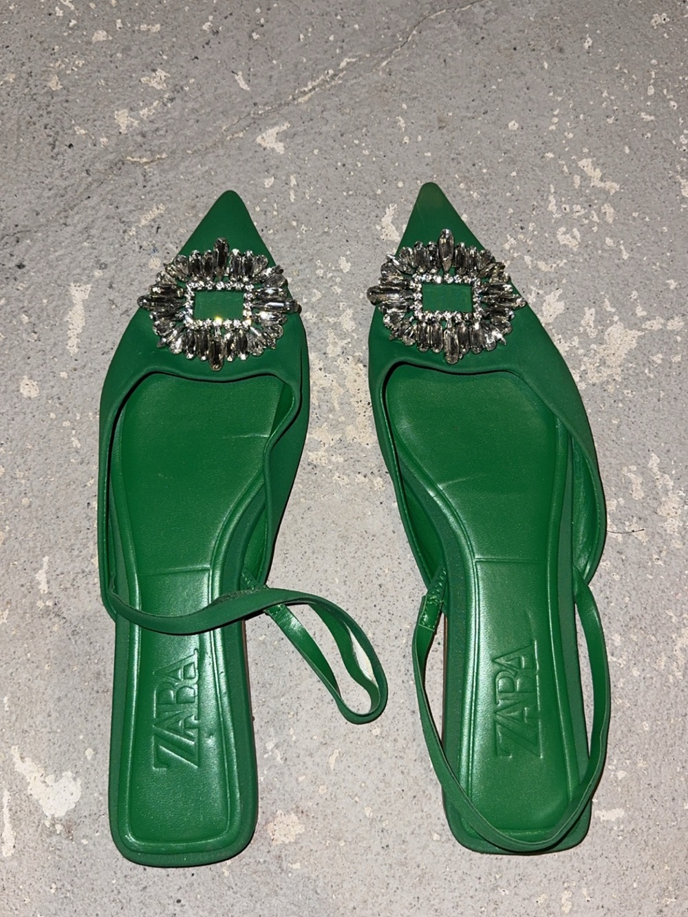 ZARA Green Pointed Slingback Flats with Crystal Embellishment
